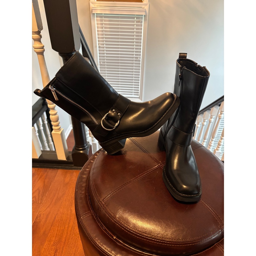 Crown Vintage Womens Black Moto Harness Boots Square Toe Mid Calf Size 6M